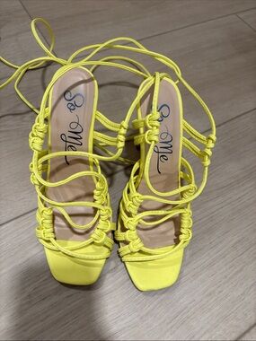 So Me Neon Yellow Knotted Lace-Up Strappy Heels